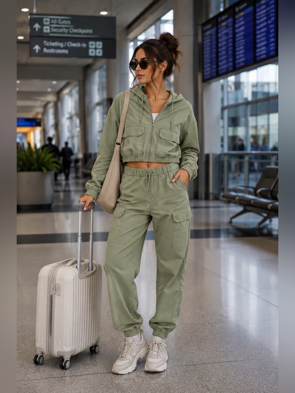 NWT Freely Olive Utility Cargo Jogger Pants (S) Set Cropped Zip Hoodie (XS)
